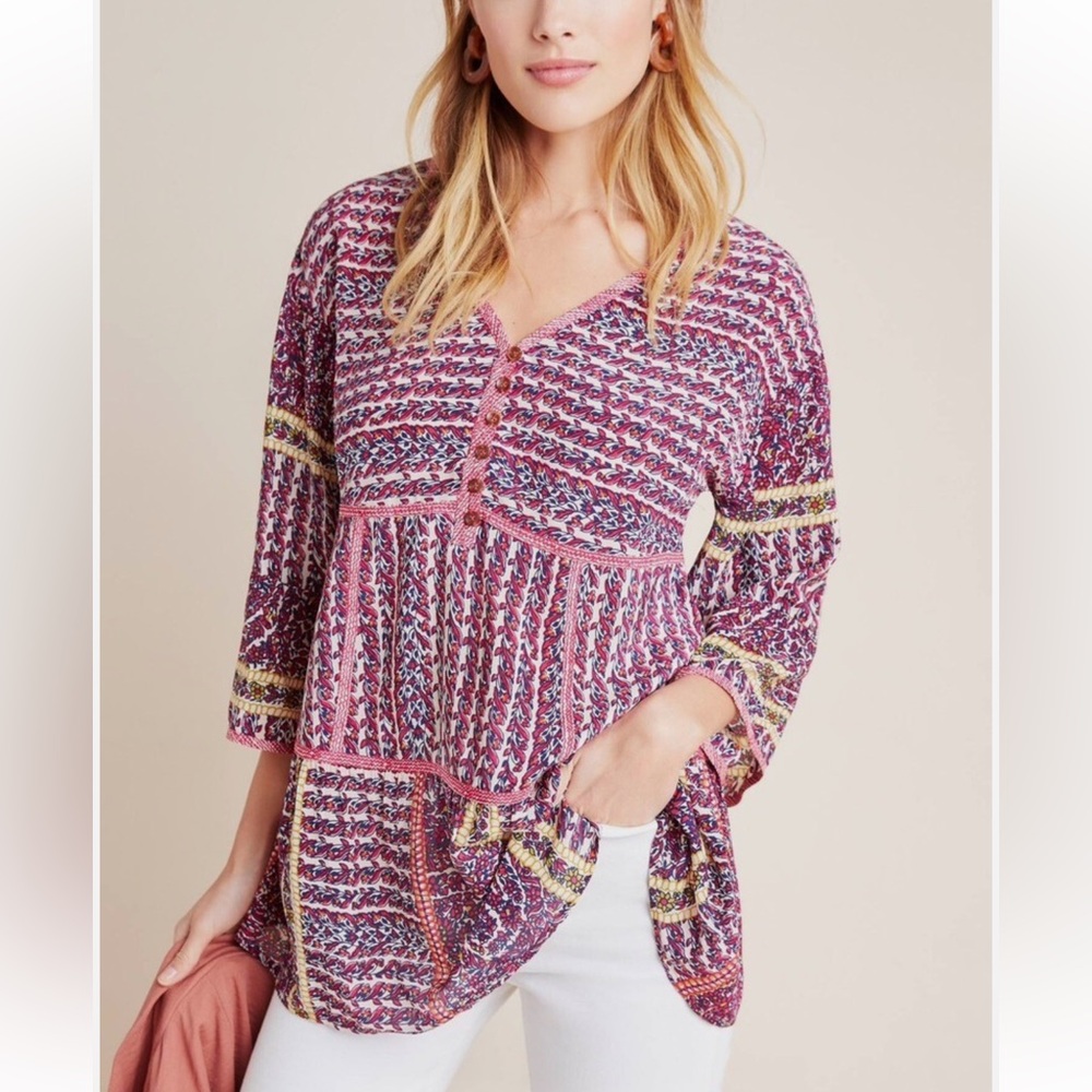 Maeve Pink Purple Patterned V-Neck Peasant Blouse